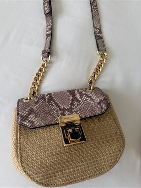Michael Kors Beige Straw Crossbody with Snake-Print Flap and Gold Chain